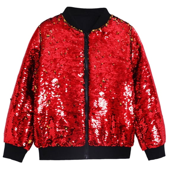 Jalioing Kids Sequin Jacket Sparkly Long Sleeve Zip Up Performance Jacket Boys Girls Shiny Dance Party Outerwear