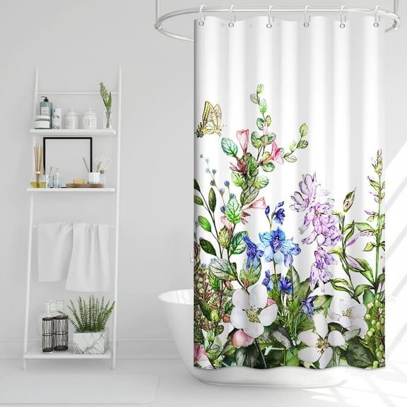 Stall Shower Curtain, Wild Pink Floral Shower Curtain Green Plants with Butterfly Waterproof Fabric RV Shower Curtain Set with Hooks, 36x72 Inch