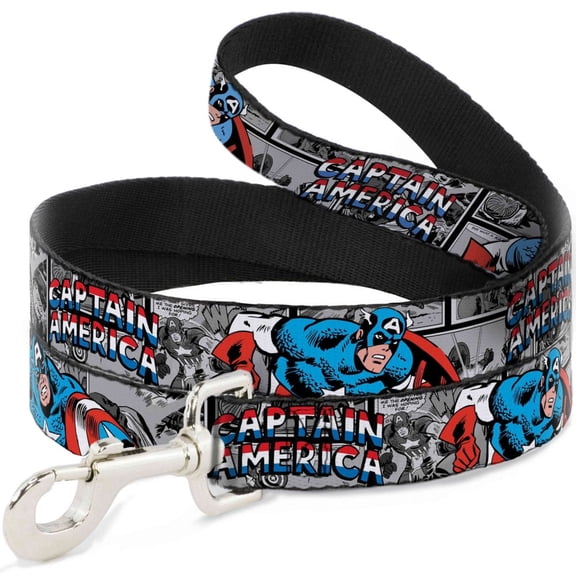 Marvel Comics Pet Leash, Dog Leash, Captain America 2 Poses Comic Blocks Grays Red White Blue, 4 Feet Long 0.5 Inch Wide