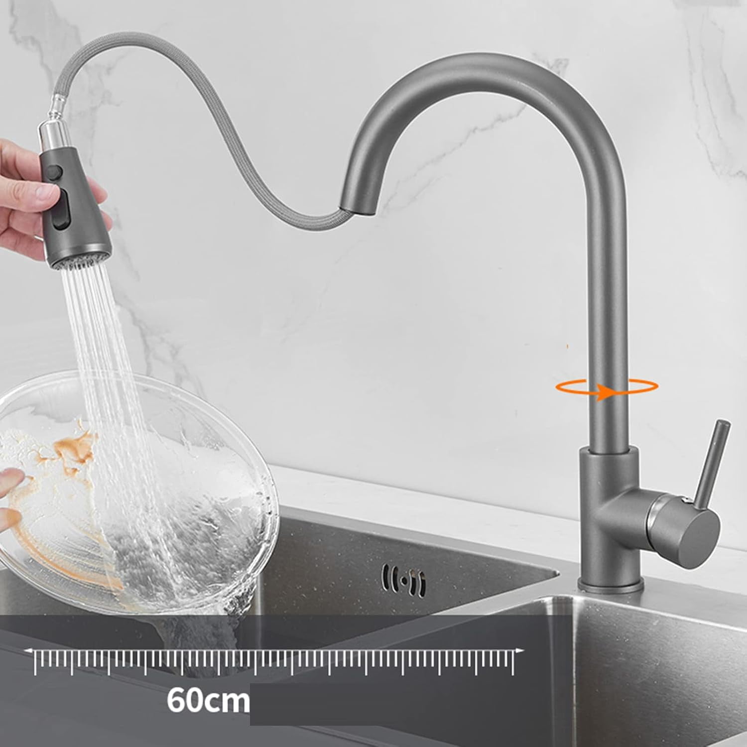 Kitchen Faucet with Pull Out Spray, Kitchen Sink Mixer Faucet Gray Sink Faucet Brass Hot Water and Cold Water Swivel Retractable Faucet