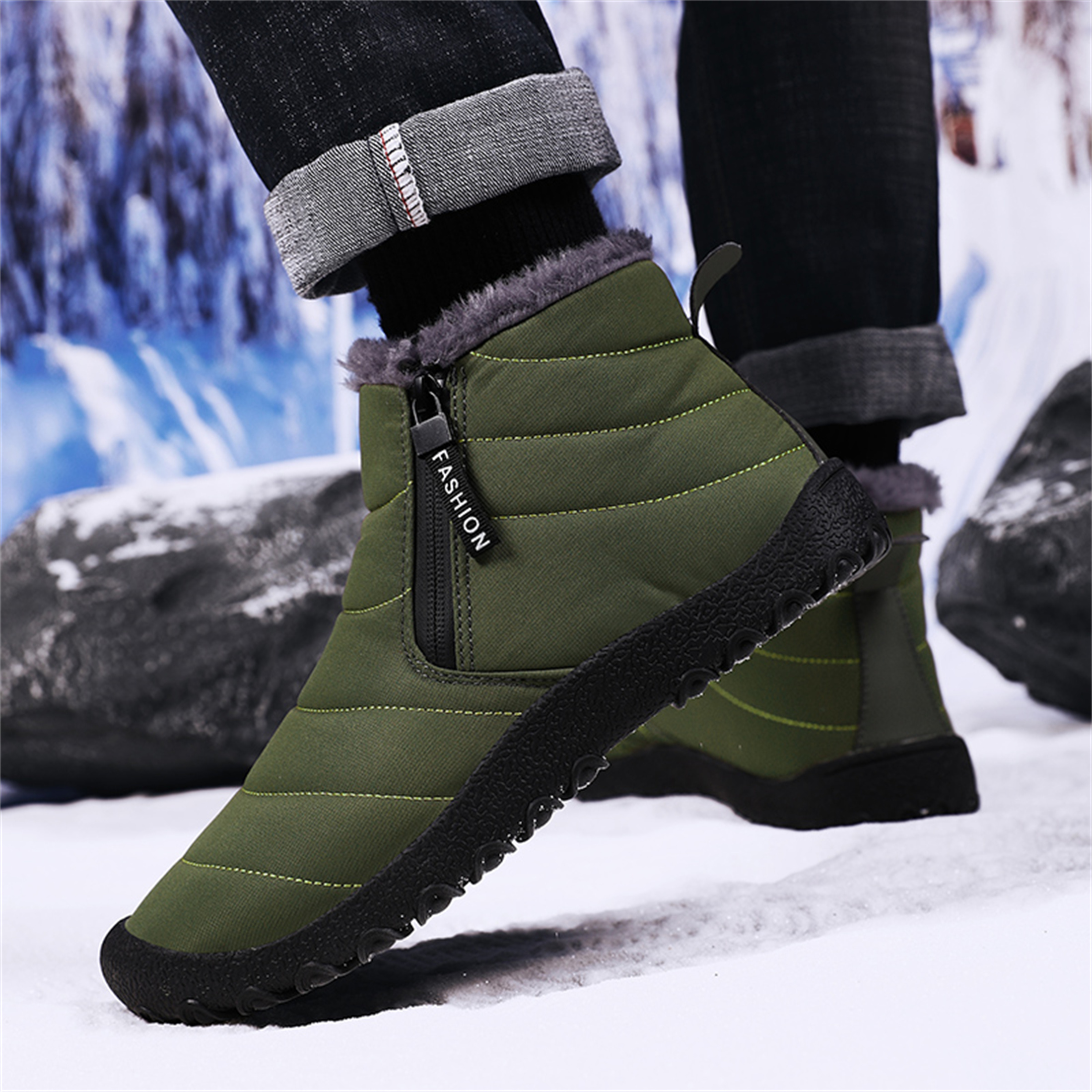 LASUDRAA Mens Barefoot Winter Boots Water-Resistant Slip-Resistant Hiking Snow Shoes Lightweight Warm Ankle-High Boots, Wide Toe Box,Trails & Everyday Wear