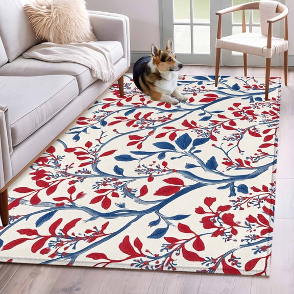 Area Rug for Living Room, Red Blue Leaf Non-Slip Indoor Large Carpet for Bedroom/Dining Room, Summer Vintage Botanical Branch Washable Low-Profile Rectangle Floor Mat Runner Rugs - 2.7 x 5 Ft