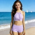 thumbnail image 2 of Pandaie Girls' Bandeau Bikini 2-Piece Swimsuit Solid Color Halter Tankini Kids Tank Tops Drawstring Shorts Bathing Set for Beach Vacation 12-13 Years Purple, 2 of 9