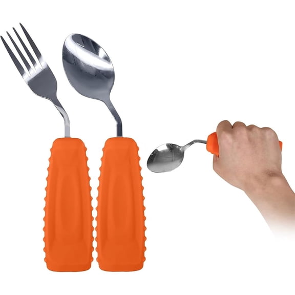 Ehucon Adaptive Utensils Spoon & Fork, Extra Wide, Easy to Hold for Hand Tremors,Right Hand,Fork and Spoon Set