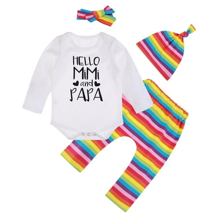 

AGAND 4pcs/Set Rainbow Stripe Infants Clothes Romper Pants Hat Headband Outfits