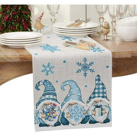 

Christmas Blue Snowflake Gnome Linen Table Runners Dresser Scarves Table Decor Xmas Dining Table Runners Christmas Decorations