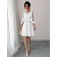 thumbnail image 6 of White Womens Elegant Floral Appliqué Chiffon Overlay A-Line Short Dress With Bell Sleeves, 6 of 6