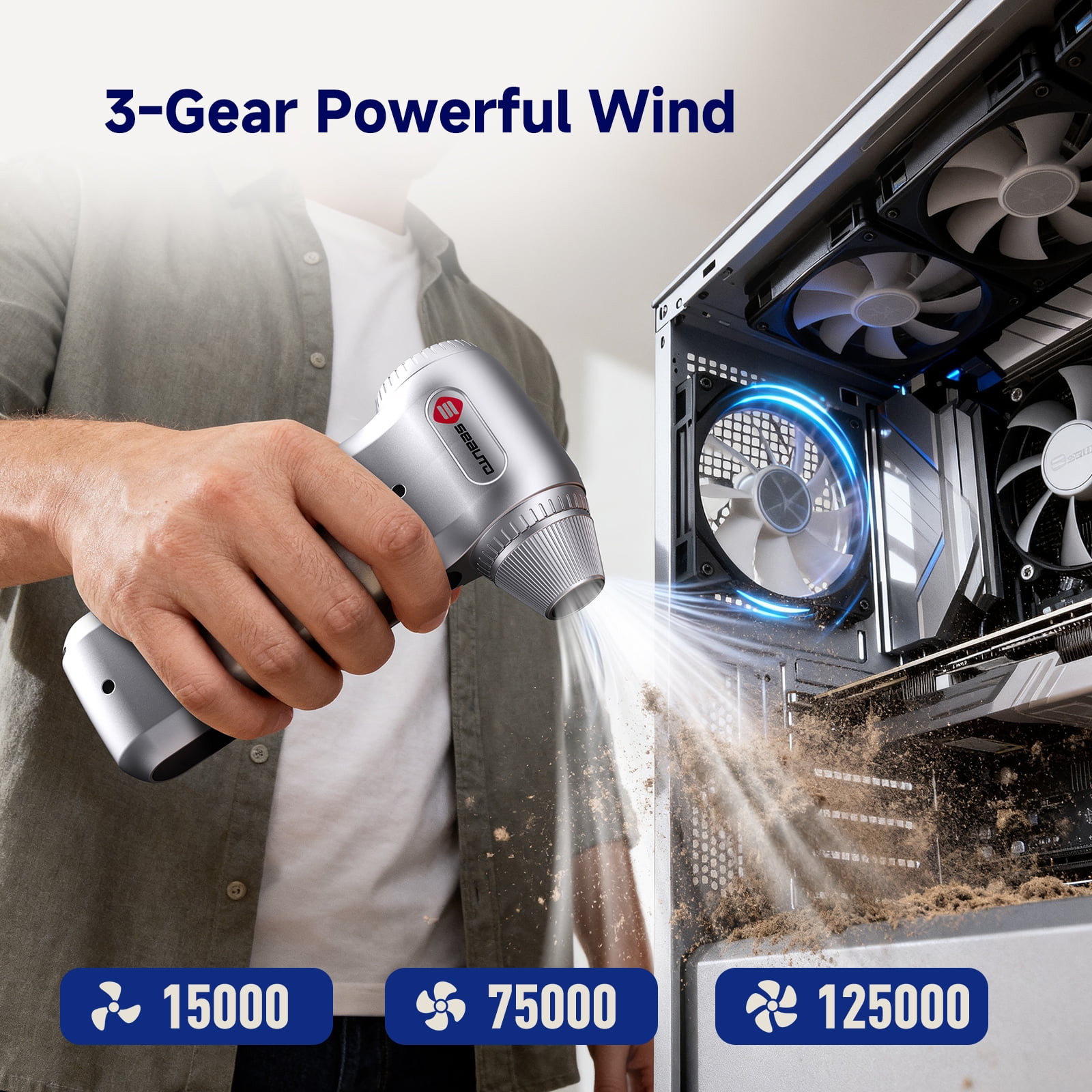 Cordless Air Duster, 130000RPM Electric Compressed Air Duster, Mini Blower with 3-Speed, 4000mAh Battery, USB-C Fast Charging for Car, Computer, Home & Snow Cleaning，Silver