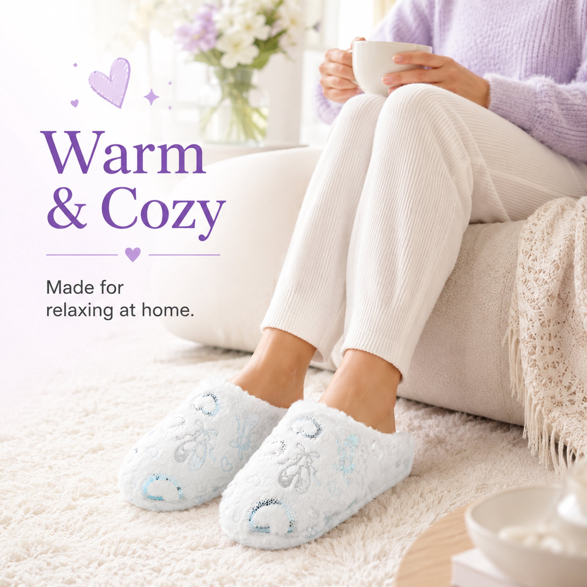 Aerusi Women’s Fuzzy Heart House Slippers, Closed Toe Slip-On Warm Plush Indoor Outdoor Shoes, Non-Slip Sole