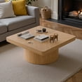 thumbnail image 2 of GZXS 34.6" Square Coffee Table with Parquet Wood Veneer Top, Modern Farmhouse Coffee Table with Cylindrical Base, Natural Wood Finish, 2 of 7