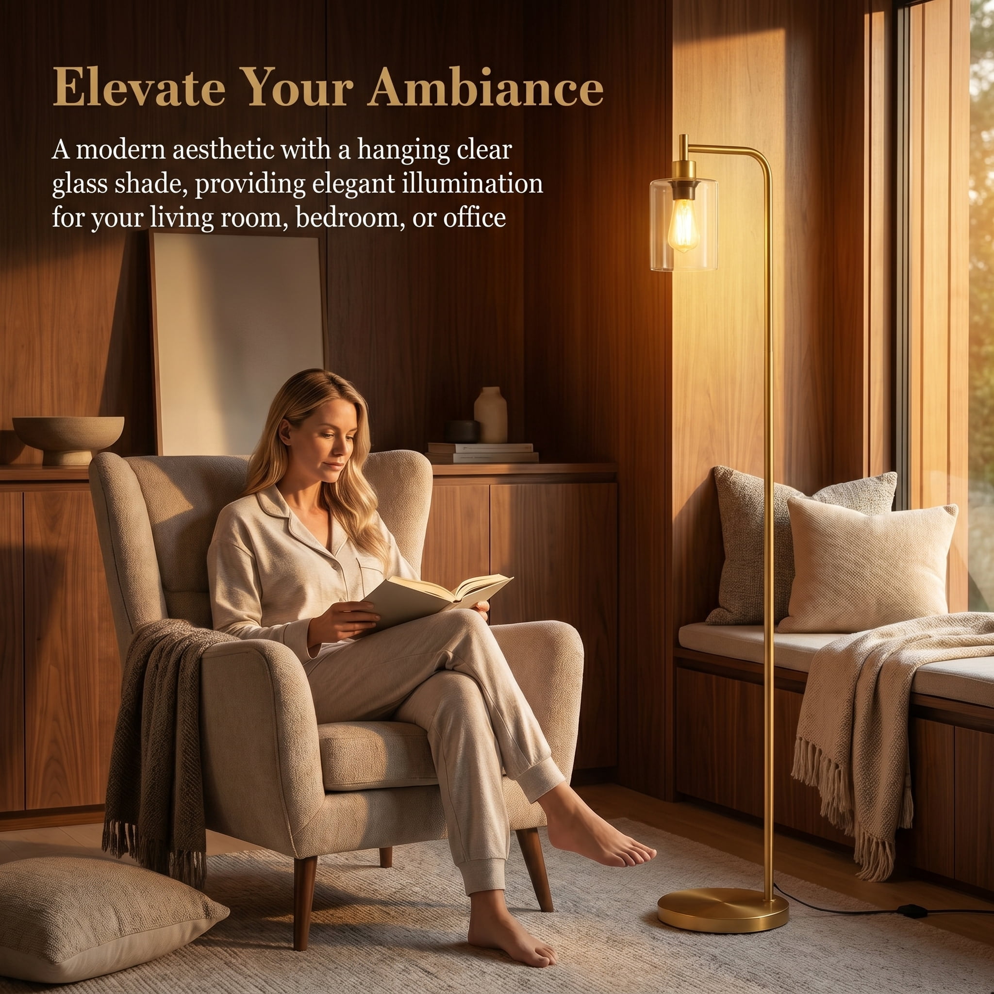 Kadyn Floor lamp, Reading Lamps,Floor Light,Modern Floor Lamp with Hanging Glass Lampshade and Foot Switch-Golden