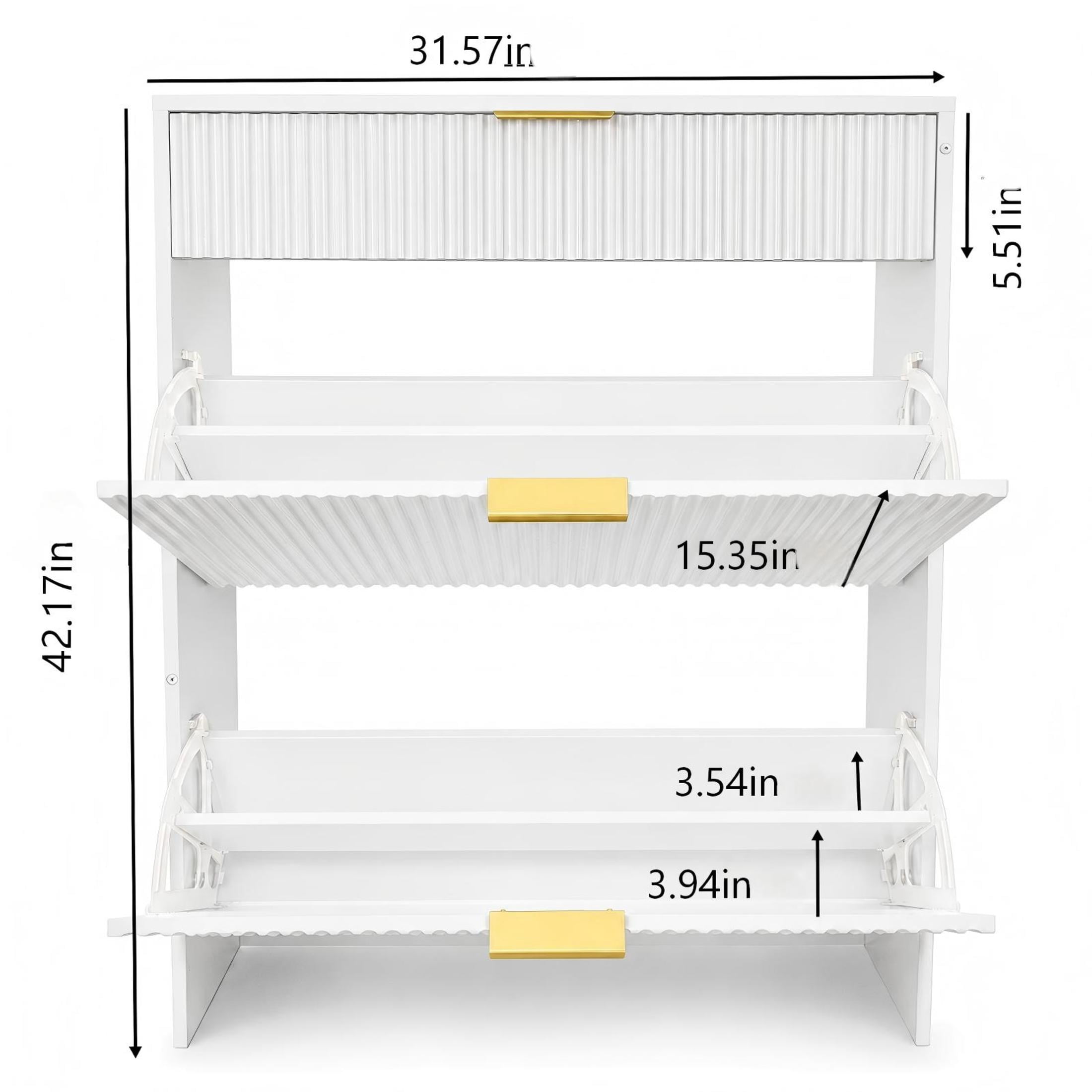 GDF Studio Solus Narrow Fluted Shoe Storage Cabinet with Gold Pull Handles, Modern Slim Hallway Organizer, White