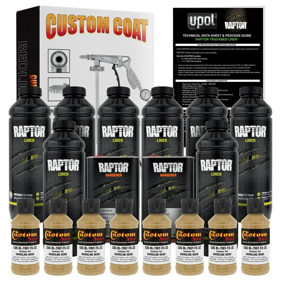 U-POL Raptor Shoreline Beige Urethane Spray-On Truck Bed Liner Kit w/ FREE Custom Coat Spray Gun w/ Regulator, 8 Liters