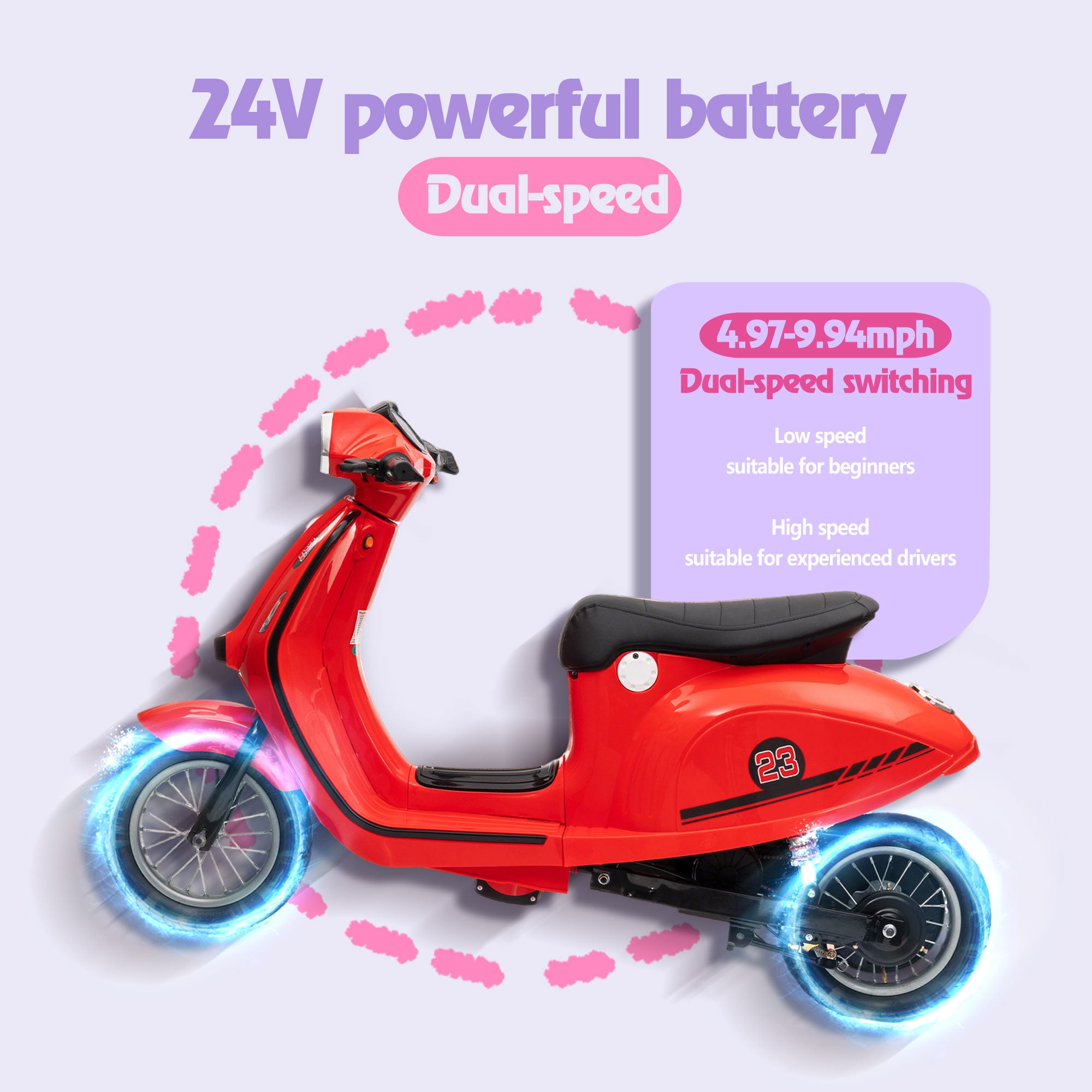 Okybaby 24V Ride on Motorcycle, 250W Electric Motorcycle with Max Speed 10 Mph, Twist-Grip Throttle, 12" Air Tyre, MP3 Player, Bluetooth, Powered Ride on Toy Car for Aged 8+, Red