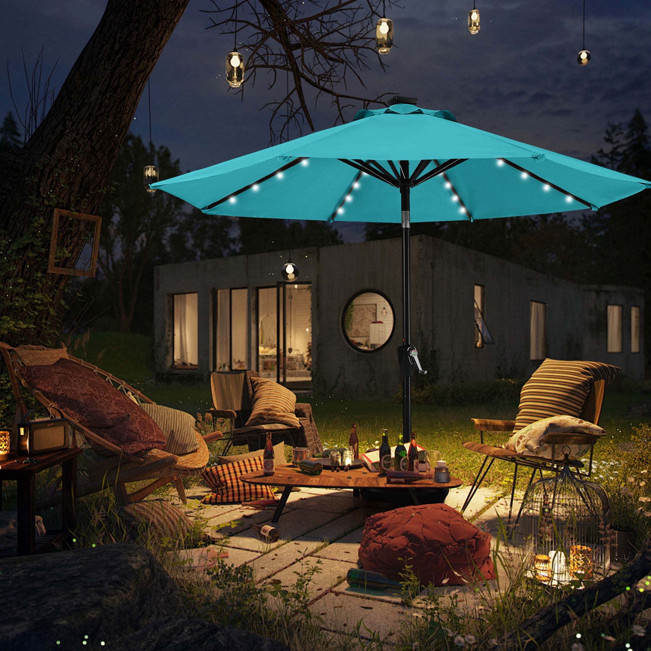 MASTERCANOPY 9ft Solar Patio Umbrella with LED Lights Tilt and Crank, Turquoise