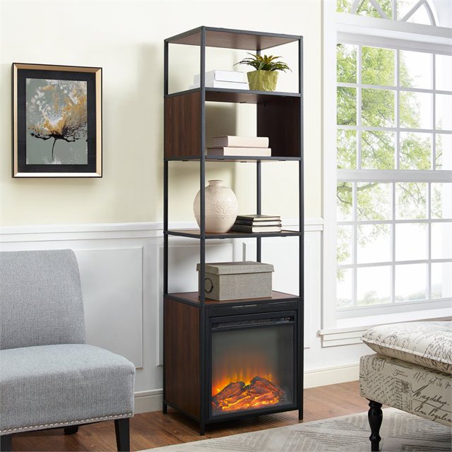 70" Metal and Wood Tower Fireplace - Dark Walnut