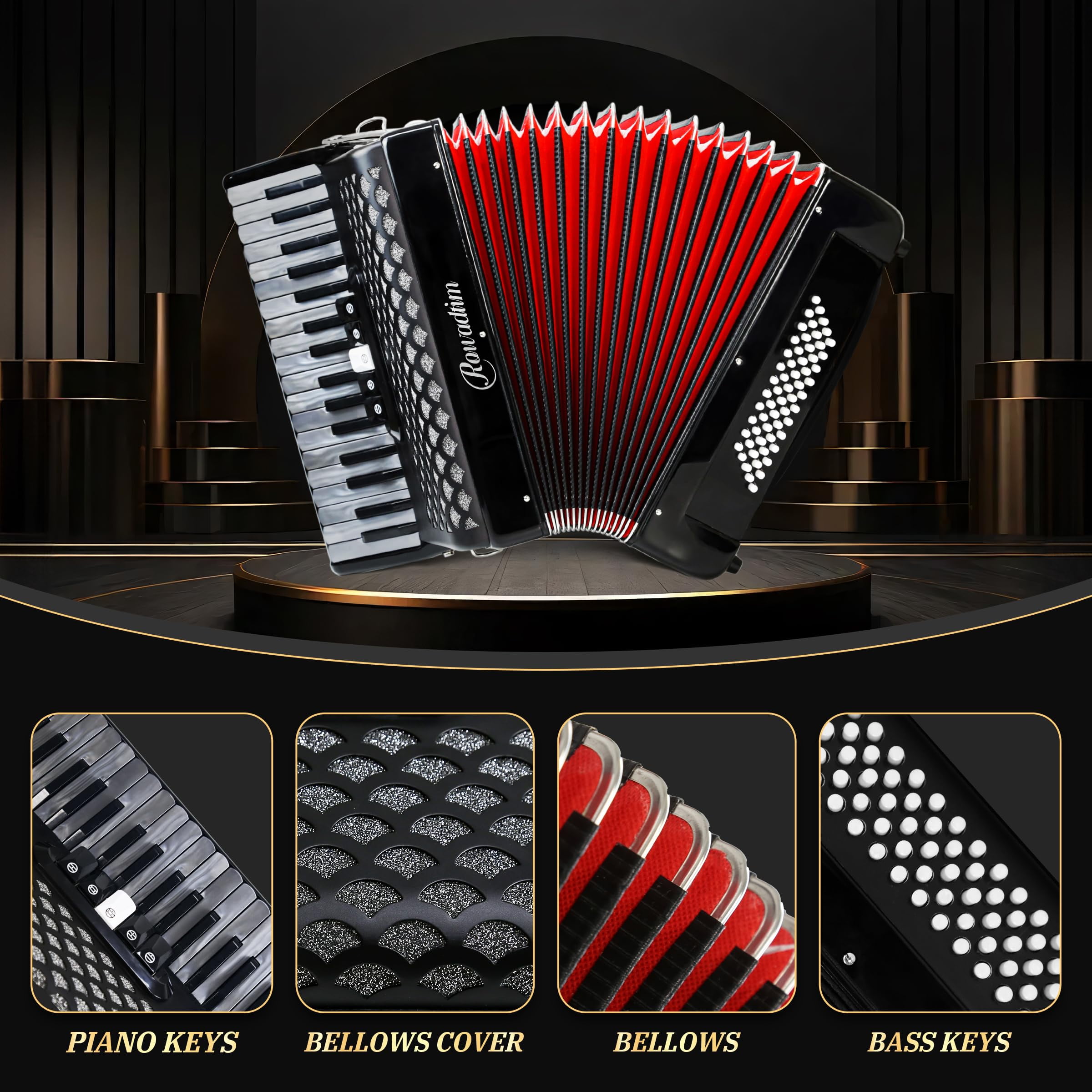 Accordion - 34 Key 60 Bass Piano Style, Lightweight & Portable with Adjustable Strap & Backpack, Perfect for Beginners, Students & Adults
