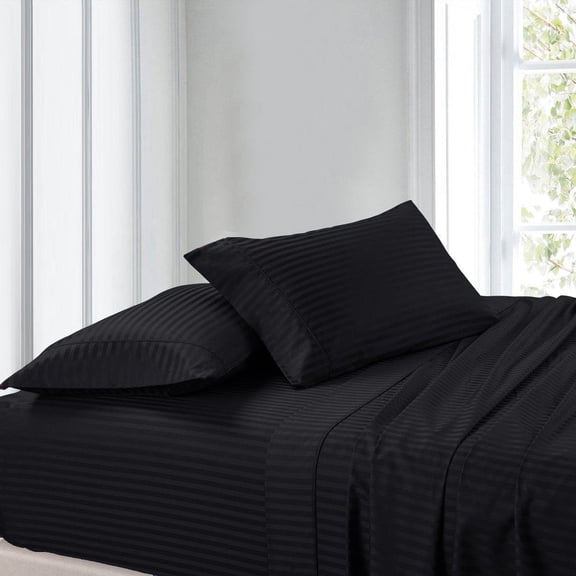 Sheetsnthings Striped 300-Thread-Count, 100-Percent Cotton Queen Size Attached Waterbed Sheets Set, Black
