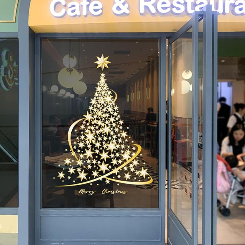 Golden Christmas Tree Window Clings Stickers for Glass, Large DIY Static Wall Window Door Mural Showcase Decal Sticker