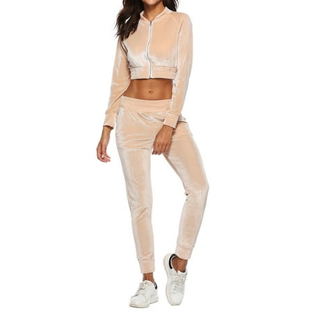 Sexy Japanese School Girl Outfit Lavaport Fashion New Ladies Sexy Gold Velvet Umbilical Zipper Cardigan High Waist Trousers Sports Suit ()