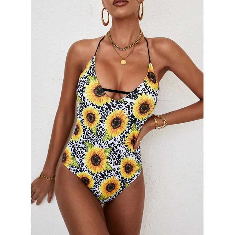 Women's Sunflower Bikini One-Piece Swimwear Backless Swimsuit