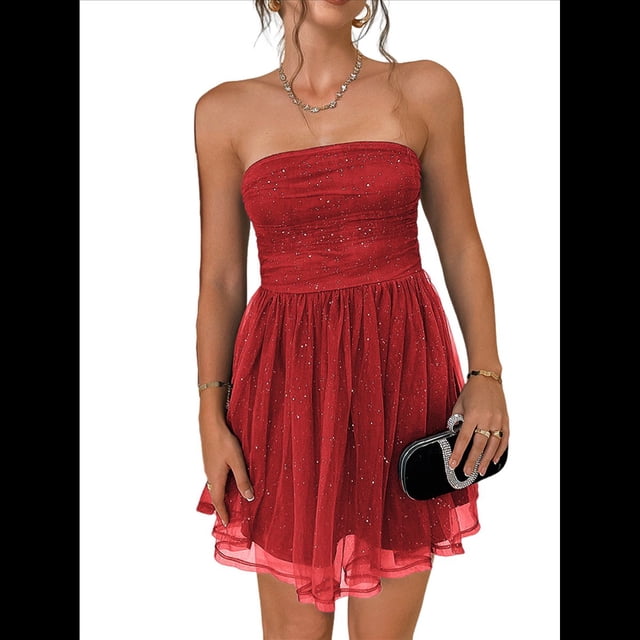 Vestido de Cóctel de Verano para Mujer: Minivestido de Tubo con Volantes Fruncidos Rojo S
