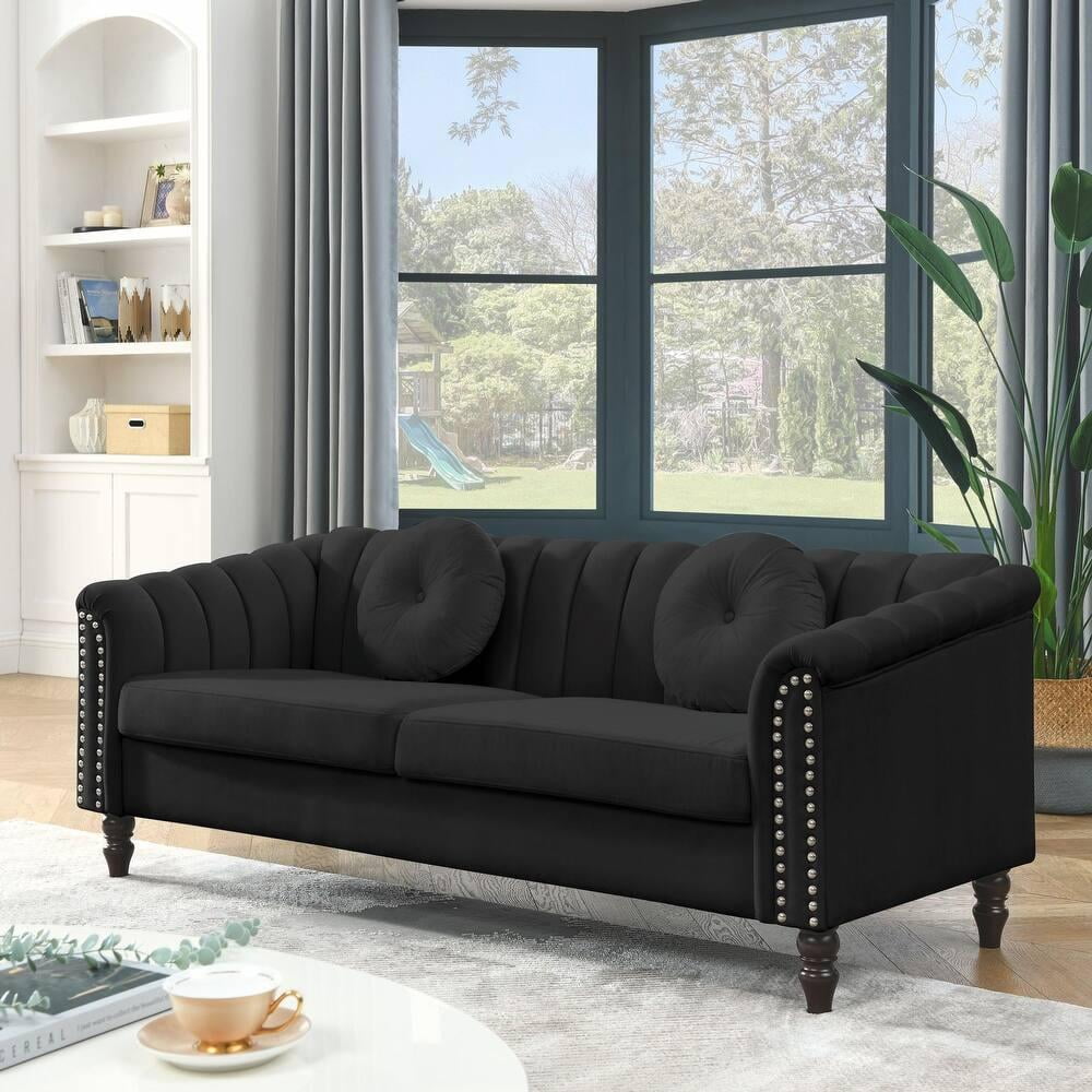 Gewnee Chesterfield Velvet Sofa Couch with Nailhead Trim and 2 Pillows for Living Room,Black