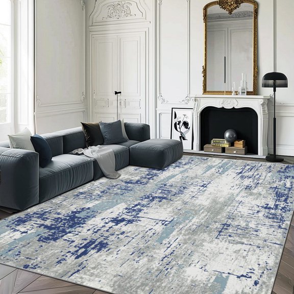 Artnice Modern Abstract Area Rugs for Living Room 8x10, Non Slip Machine Washable Rugs, Soft Indoor Distressed Rugs Large Carpet Mats for Home Decor, Navy Blue