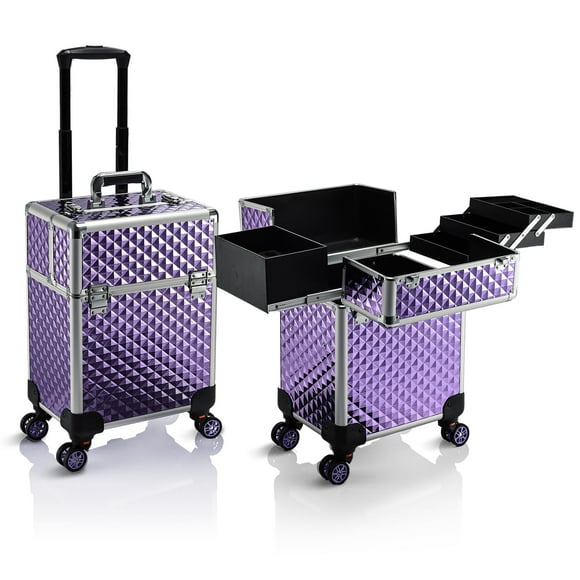 Estuche de aluminio para maquillaje Stagiant con 4 bandejas en forma de diamante morado