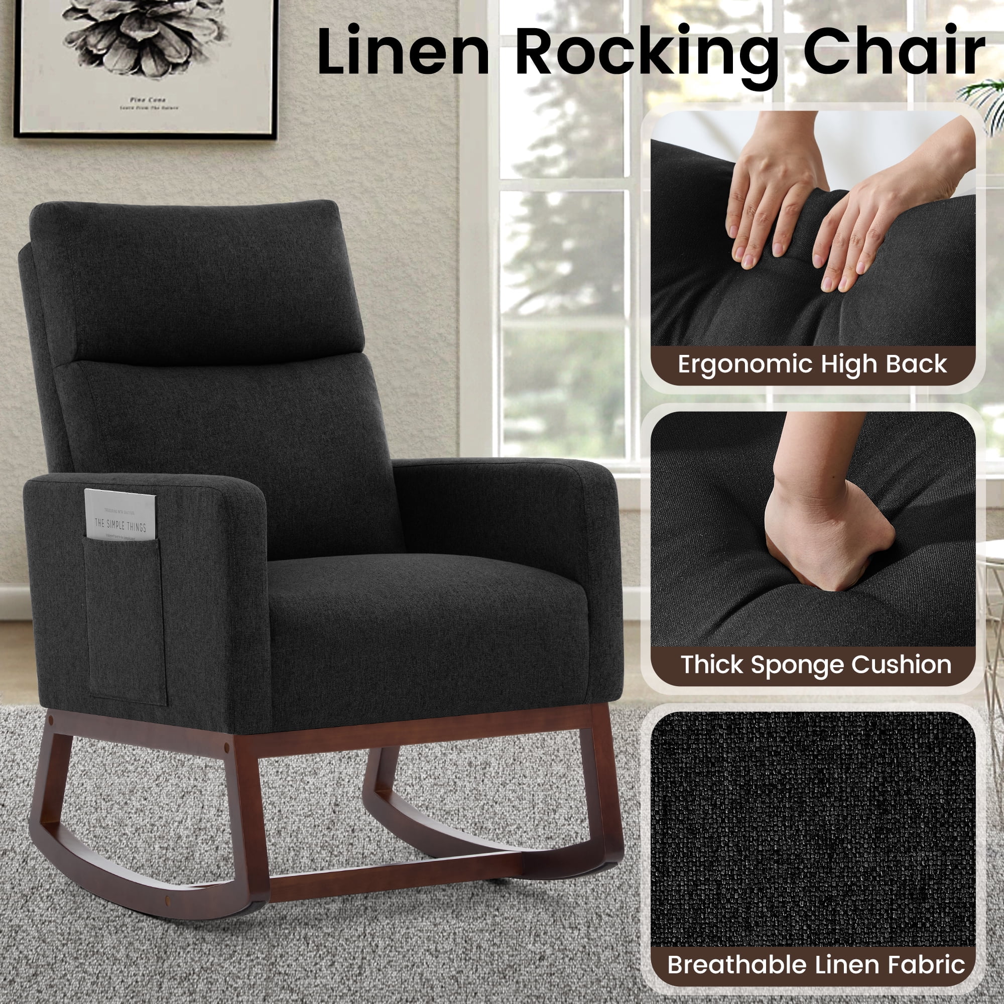 SAETSFEG Rocking Chair Nursery, Comfortable Upholstered Glider Rocker Chairs Indoor for Adults, Mid-Century Modern Nursing Accent Rockers for Living Room, Bedroom, Black