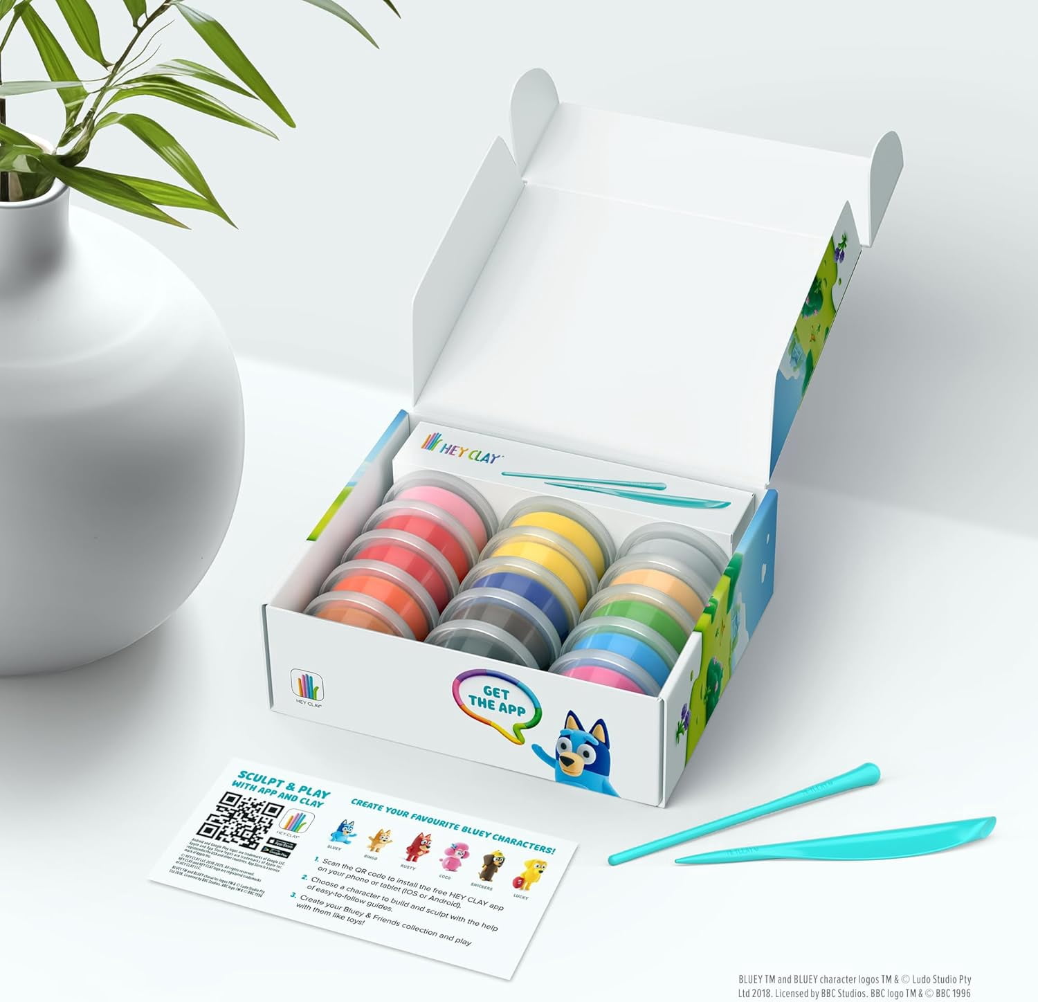 Hey Clay Bluey and Friends, Colorful Modeling Air-Dry Clay, 15 cans with Fun Interactive App for Kids Ages 3+ Years