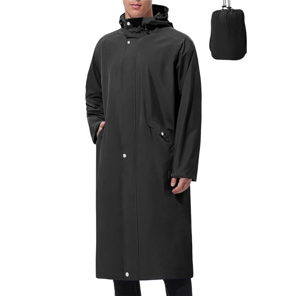 SYMOID Men's Waterproof Packable Rain Jacket with Hood & Snap Buttons - Size M, Black