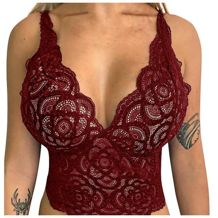 

QWERTYU V Neck Lace Bralettes for Women Bandeau Everyday Scallop Trim Wireless Bra with Strap Wine L