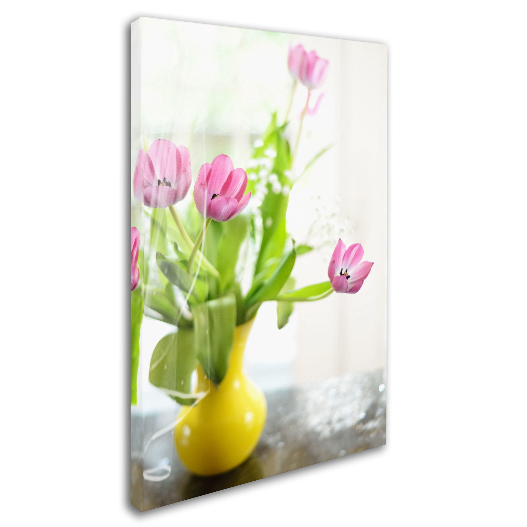 Trademark Fine Art "Pink Tulips in Yellow Vase" Canvas Art by Lois Bryan