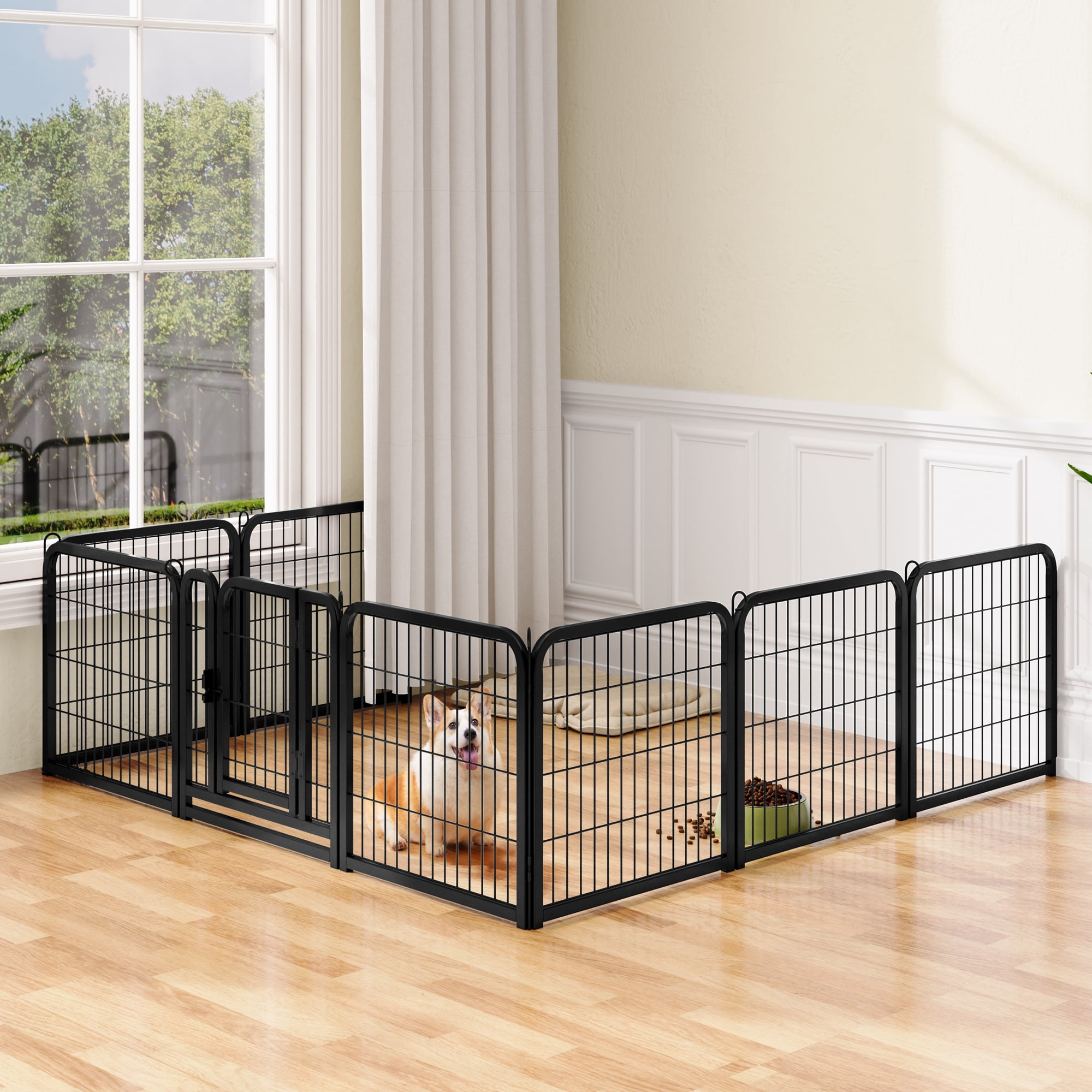 Alden Design 24″ Tall 24 Panels Dog Playpen Dog Gate with Door, Black