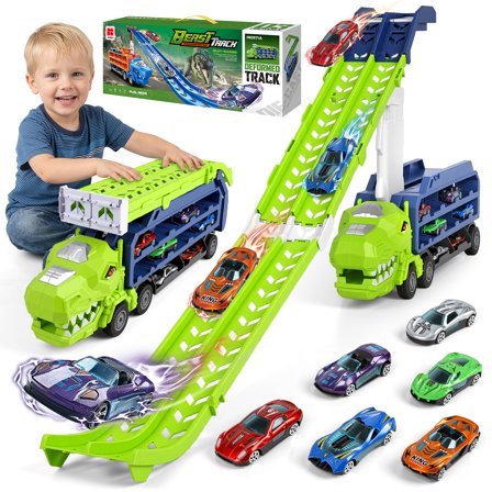Huge Wave Toddler Truck Race Track Toys for Boys, Foldable 2.8-Ft Race Track, Dinosaur Truck Transport Toy, with 6 Die-Cast Race Car, Birthday Gifts for Kids