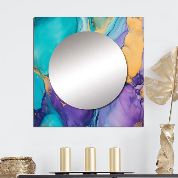Designart "Liquid Art in Turquoise and Purple I" Fractals Square Mirror For Wall Decor - Large Turquoise Square Printed Wall Mirror Art - Wall Mounted Square Large Mirror