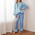 thumbnail image 5 of Women's 2 Piece Pajamas Sets Ruffled Plaid Loose Casual Button Up Shirt and Wide Leg PJ Bottoms Sleepwear Outfits (M, Light Blue), 5 of 7
