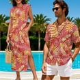 thumbnail image 4 of Jeiento Matching Hawaiian Outfits for Couples Dress for Women Mens Short Sleeve Button Down Shirts Retro Tropical Leaves Long Maxi Slit Cap Sleeve Round Neck Loose Fit Vacation Shirt, 4 of 7
