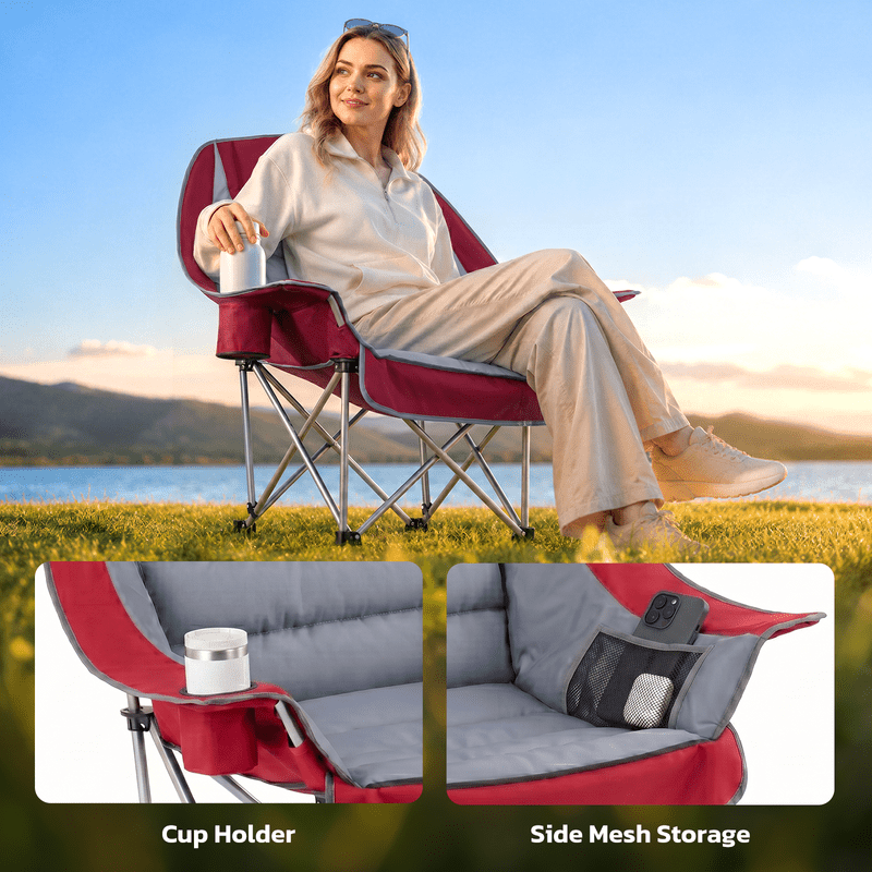 Simple Deluxe Extra Oversized Outdoor Foldable Camping Chair, with Cup Holder and Carrying Bag, Camping Chair with 500lbs Capacity and Sturdy Material, Suitable for Beaches, Hiking and Camping, Red