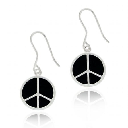 Sterling Silver Black Enamel Peace Sign Dangle Earrings
