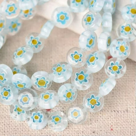 HOOUN 6 8 10 12mm Mixed Flat Round Flower Patterns Millefiori Glass Loose Bead for DIY-White Blue Yellow-10mm 35pcs