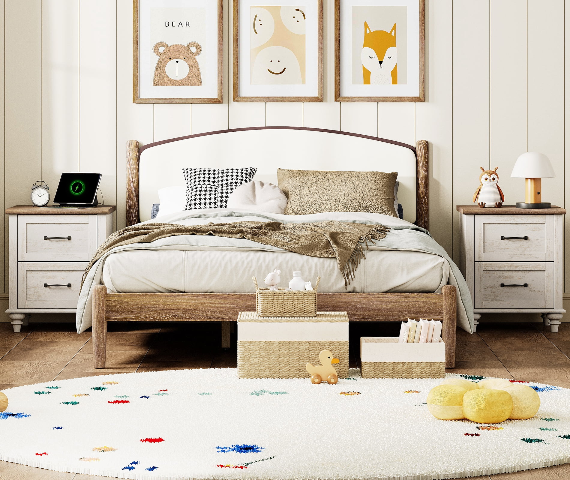 Antique White End Table with 2 Drawers, Wooden Side Table Nightstand with Charging Station for Living Room & Bedroom