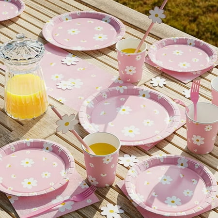 Beautiful Pink Theme Disposable Tableware Set for Birthday Party Baby Shower Wedding - Includes 16pcs 7/9inch Flower Plates Napkins Straws and Banner - Elegant Decor for Any Celebrat