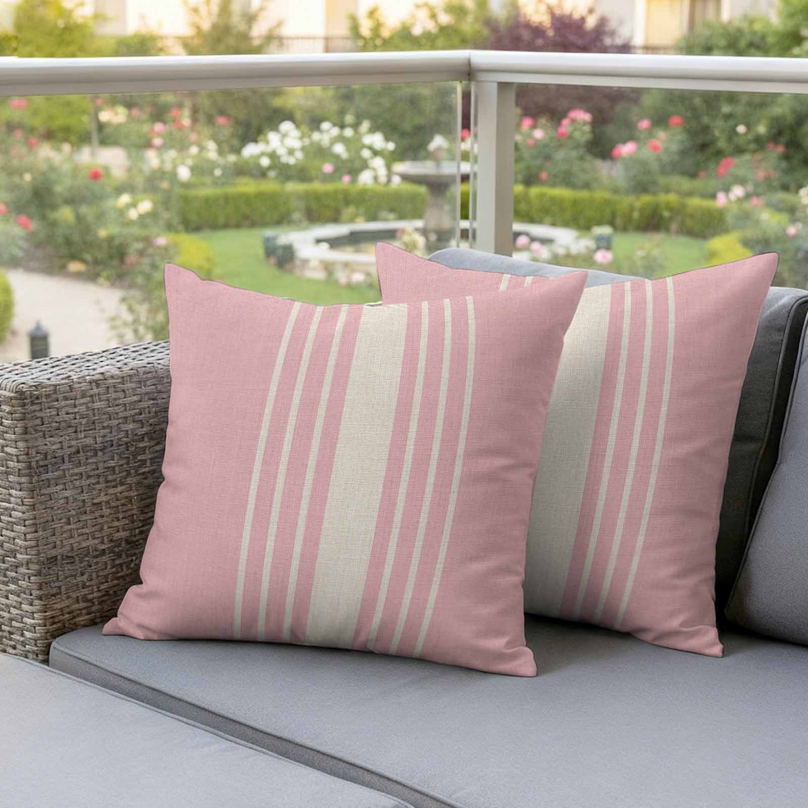 Pink Beige Striped Outdoor Waterproof Pillow Covers, Modern Farmhouse Retro Lines Decorative Square Throw Pillowcase Sofa Cushion Sham for Patio/Couch/Chair, 26"x26" 2 Pack
