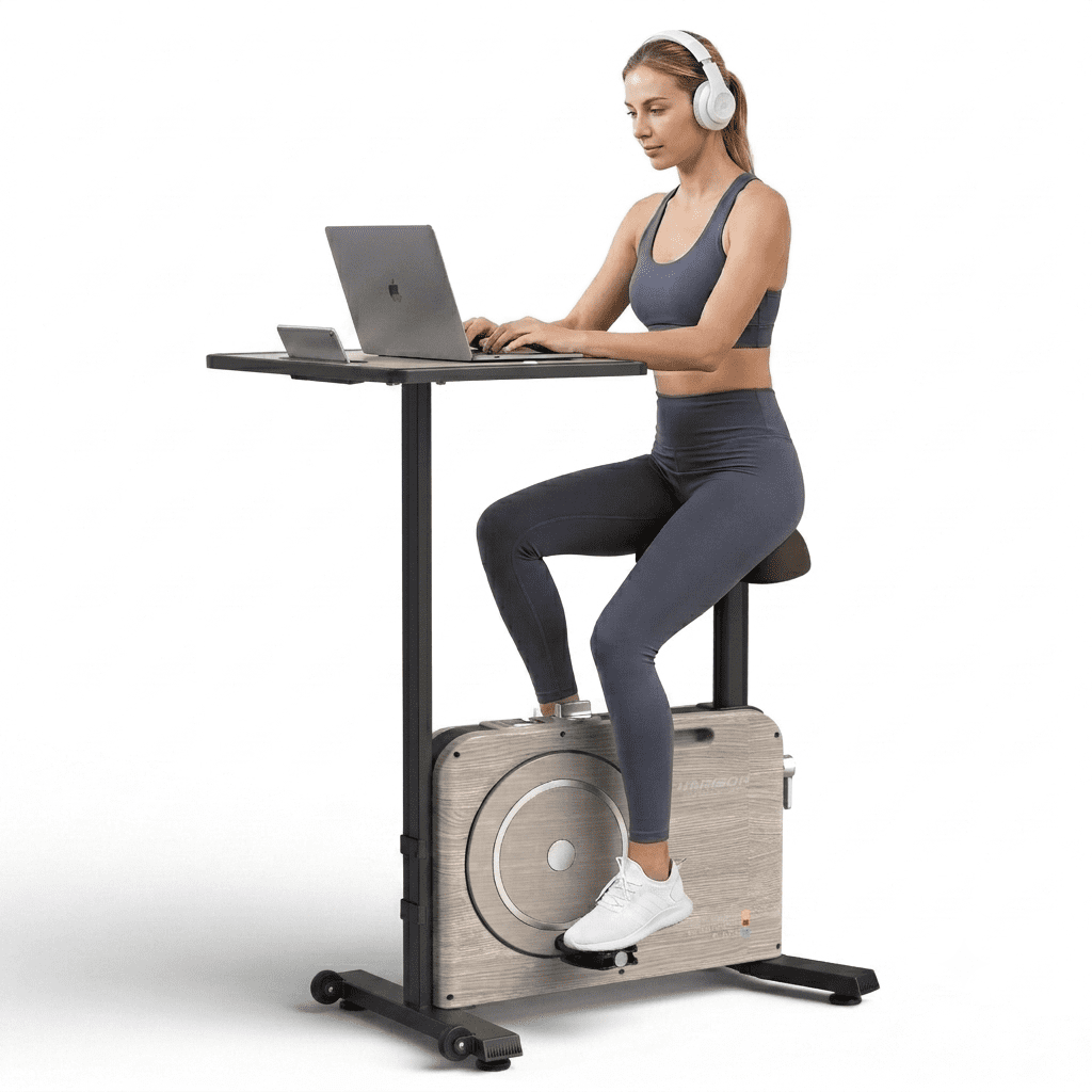 HARISON Exercise Bike with Desktop, Stationary Bike for Home Office Active Sitting, Adjustable Magnetic Exercise Bike with 8-Level Resistance, Wood Grain