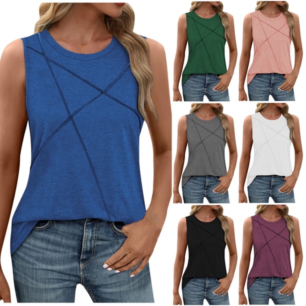 Tops de punto para mujer,Camiseta informal sin mangas para mujer, corte holgado, cuello redondo, mezcla de algodón suave, moda de verano para uso diario, sopatenor