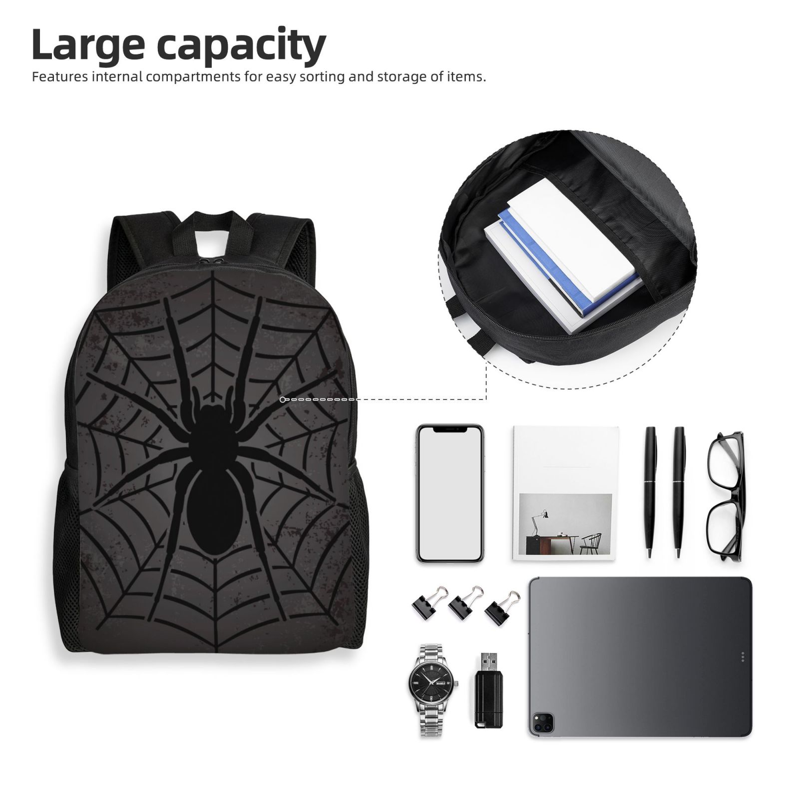 Xecao Black Spider On Web 1 Print School Backpack with Laptop Compartment Small Travel Laptop Backpack for Women Men Waterproof College Backpack Simple School Bag