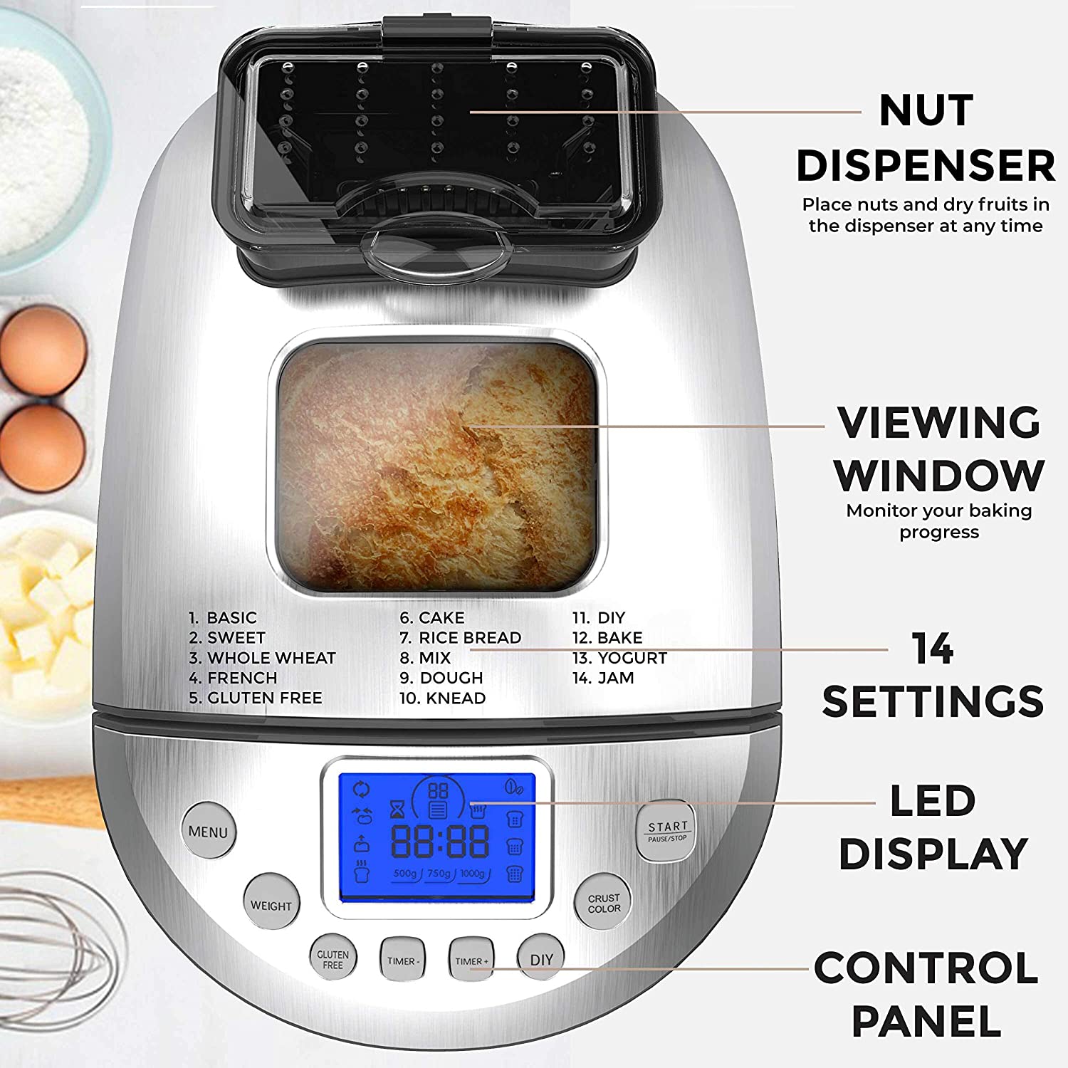 Pohl Schmitt Stainless Steel Bread Machine Bread Maker, 2LB 17-in-1, 14 Settings Incl Gluten Free & Fruit, Nut Dispenser, Nonstick Pan, 3 Loaf Sizes 3 Crust Colors, Keep Warm, and Recipes - image 2 of 7