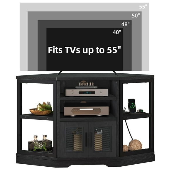Farmhouse Corner TV Stand for TVs up to 55 inch with Power Outlet, Wood Entertainment Center, TV Media Console with Storage, Black